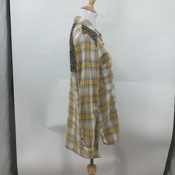 Free People Little Bit of Sugar Shirt Womens S Plaid Flannel Sequin Mesh Panel - Picture 4 of 15